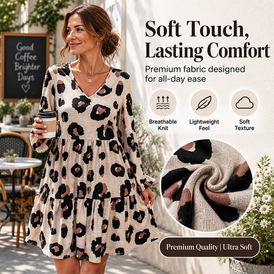 💖Black Friday Mega Deal – 50% off!💖 🐆Women's Leopard Print V-Neck Long Sleeve Dress