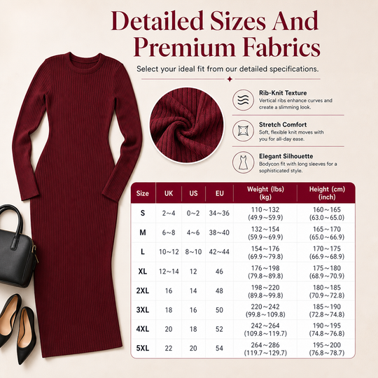💖🌹 Women's Long Sleeve Rib Knit Crewneck Bodycon Maxi Dress