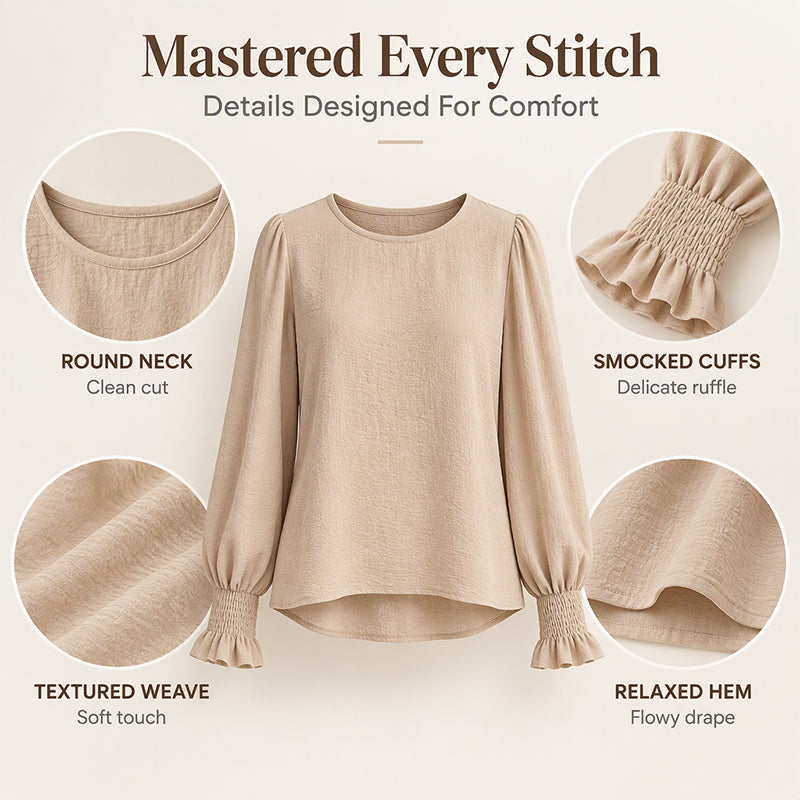 Women's Elegant Crewneck Smocked Cuff Top