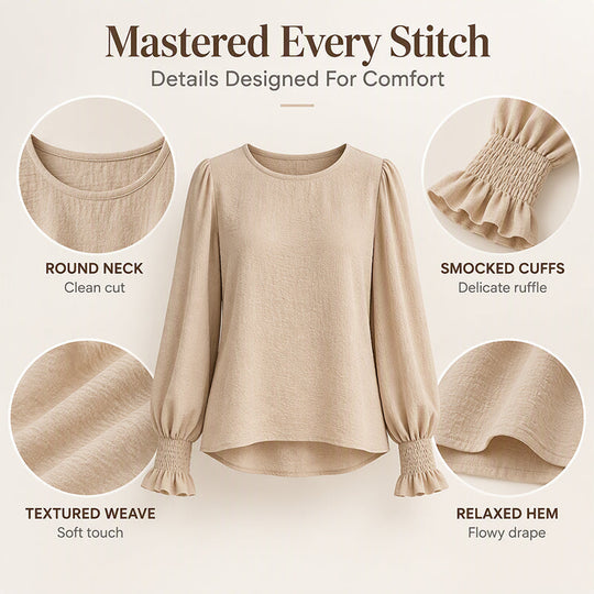 Women's Elegant Crewneck Smocked Cuff Top