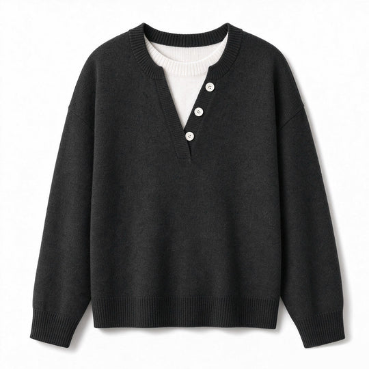 🌸Hot Sale 50% OFF💖Casual Mock Two Piece V Neck Knit Sweater with Button Details
