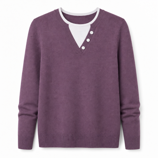 🌸Hot Sale 50% OFF💖Casual Mock Two Piece V Neck Knit Sweater with Button Details