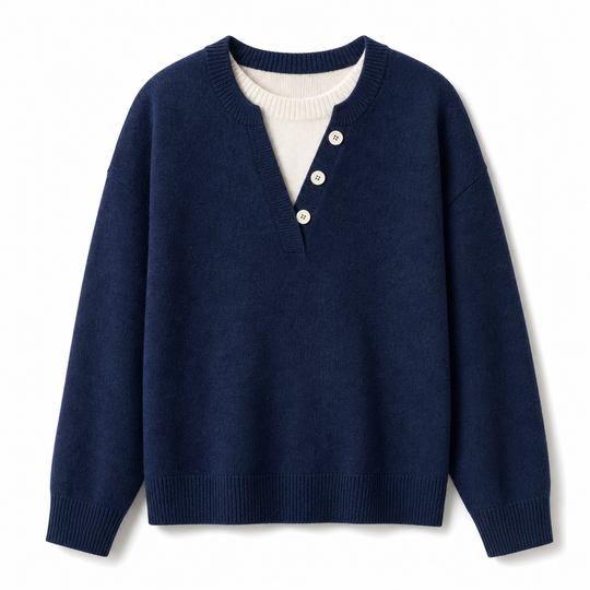 🌸Hot Sale 50% OFF💖Casual Mock Two Piece V Neck Knit Sweater with Button Details