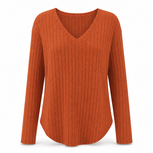 Women's Plus Size V Neck Long Sleeve Ribbed Brushed T-Shirt Loose Fit Solid Color Pullover Top