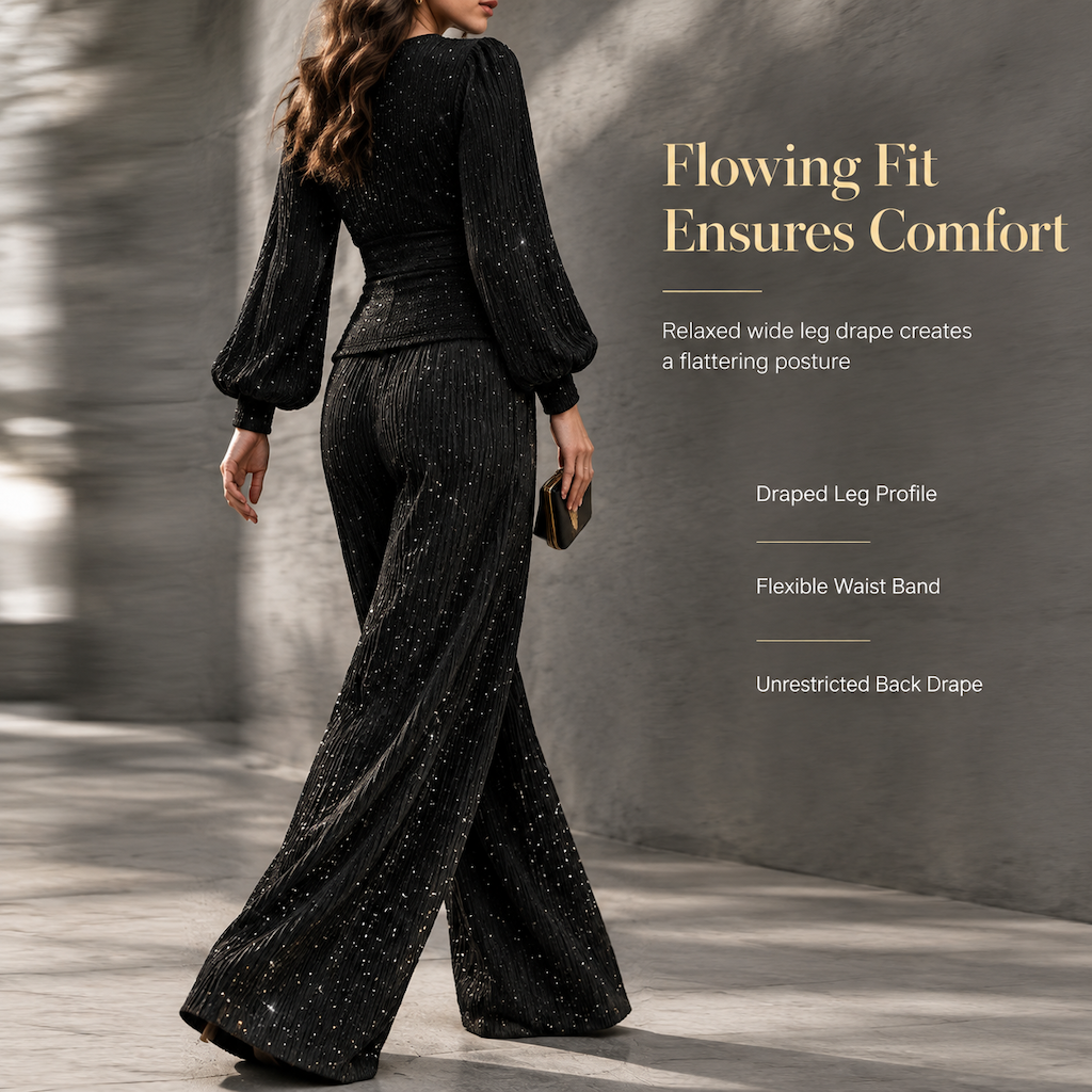 ✨ Women's Two Piece Outfit Fall Winter Deep V Neck Lantern Sleeve Pleated Top and Wide Leg Pants with Pockets