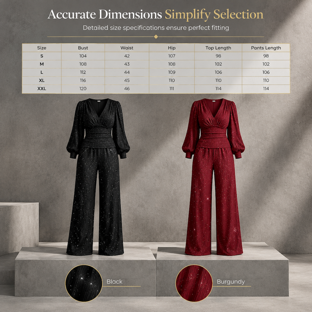 ✨ Women's Two Piece Outfit Fall Winter Deep V Neck Lantern Sleeve Pleated Top and Wide Leg Pants with Pockets