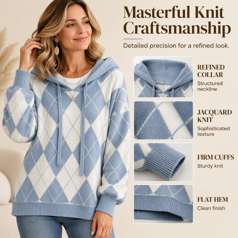 🍂 Classic Pattern, Cozy Layered Comfort | Women's Casual Argyle Hooded Sweater