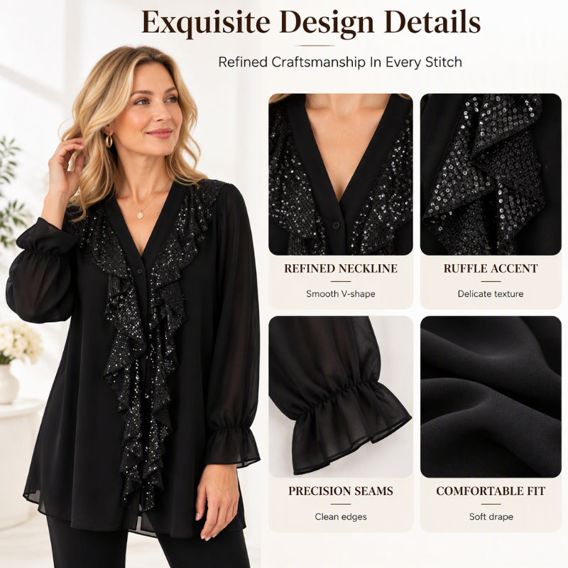 Women's V-Neck Sequin Spliced Chiffon Top