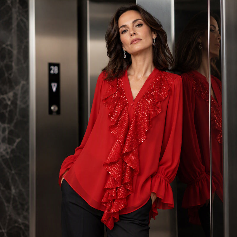 Women's V-Neck Sequin Spliced Chiffon Top