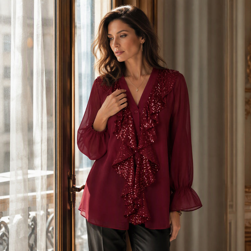 Women's V-Neck Sequin Spliced Chiffon Top