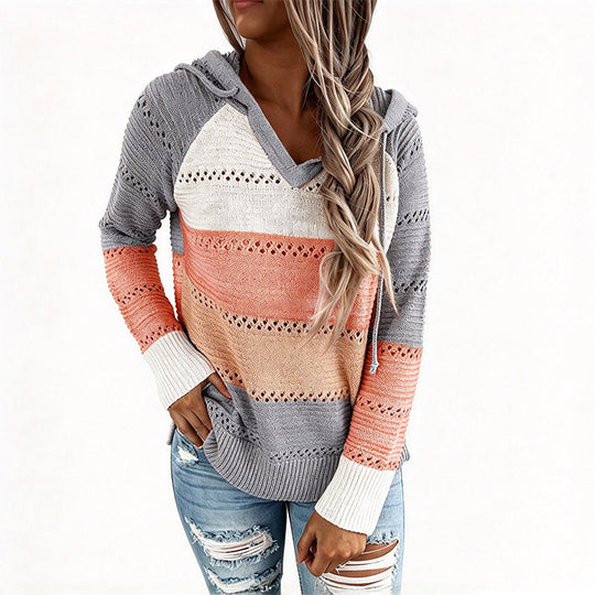 🧶 Bold Contrast Look, Airy Breathable Feel | Women's Color Block Hollow-Out Knit Hoodie
