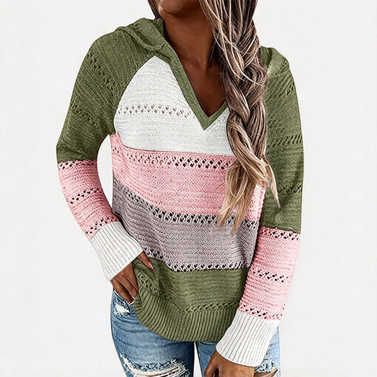 🧶 Bold Contrast Look, Airy Breathable Feel | Women's Color Block Hollow-Out Knit Hoodie