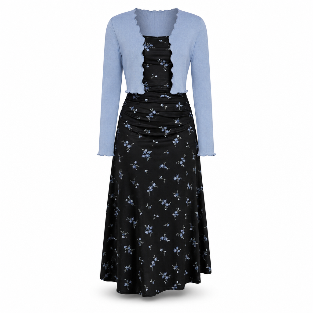 🌷 Vintage Floral Slip Dress, Cropped Ribbed Knit Cardigan | Women's 2-Piece Outfit Set
