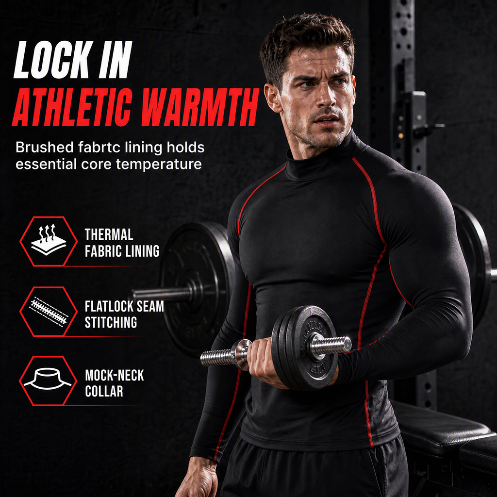 Men's Winter Thermal Fabric Lined Compression Long Sleeve T-Shirt High Neck Sports Running Training Base Layer