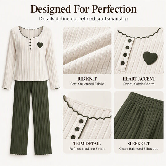 Women's Heart Embroidery Ribbed Pajama Set