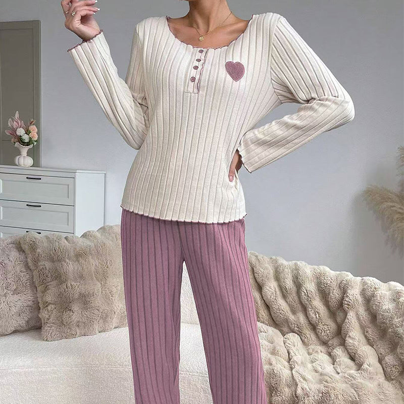 Women's Heart Embroidery Ribbed Pajama Set