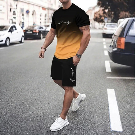 🌈👕 Men's Gradient Color 2-Piece Set – T-Shirt & Shorts, Breathable, Relaxed Fit 🩳